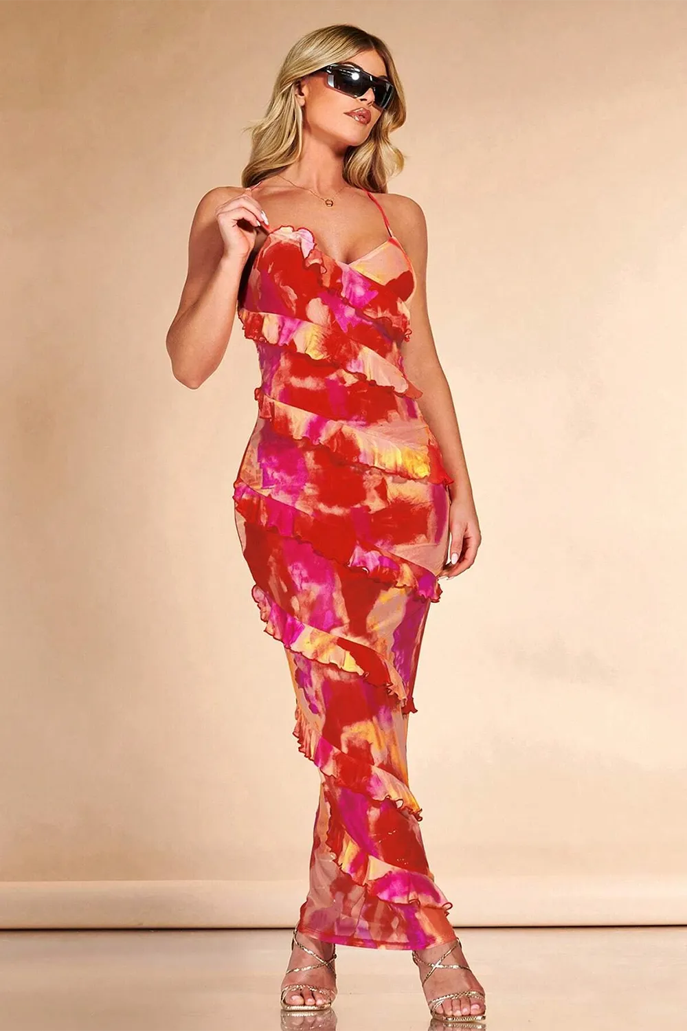 BAE Tie Dye Ruffle Trim Crisscross Backless Ruche