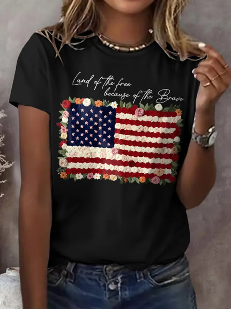Retro Independence Day Land Of The Free Because Of The Brave Print T-shirt