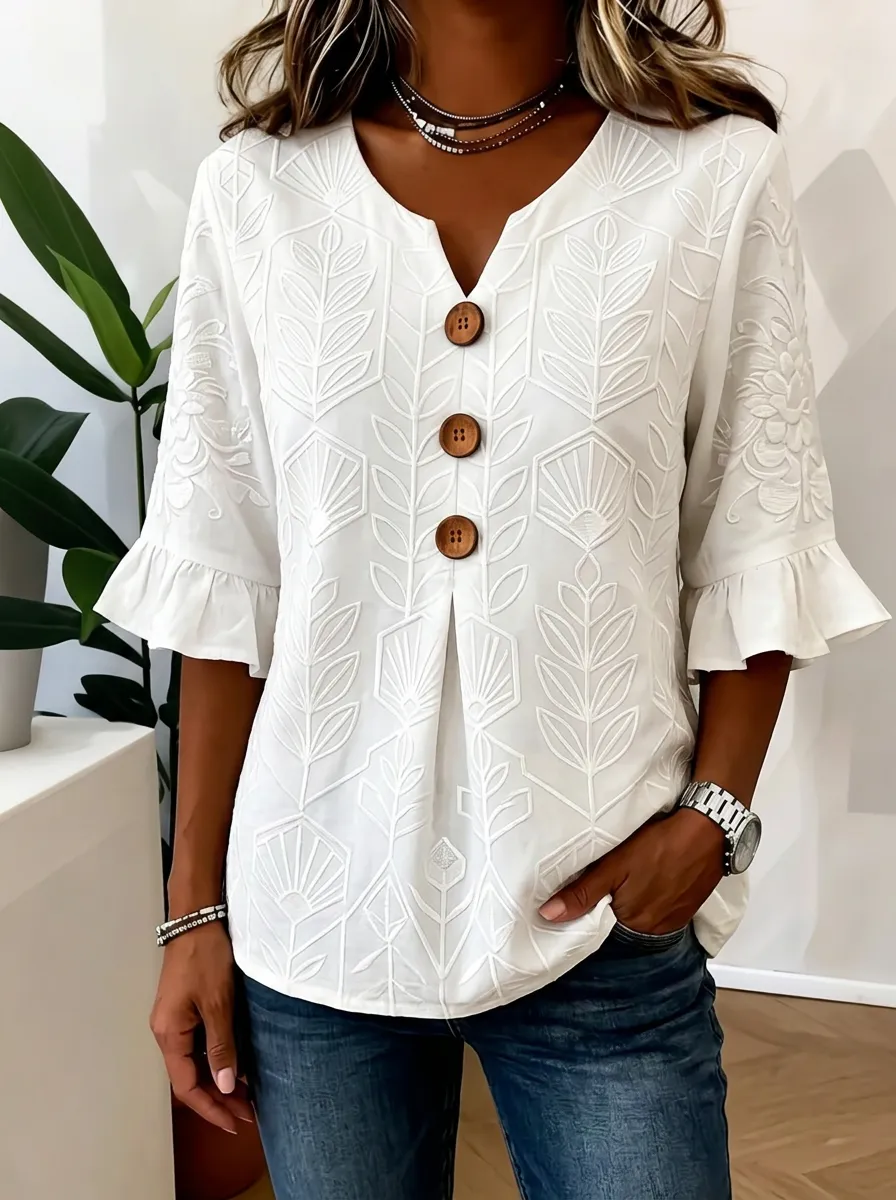 Women's Nashville Floral Embroidered Button V-Neck Ruffle Sleeve Top