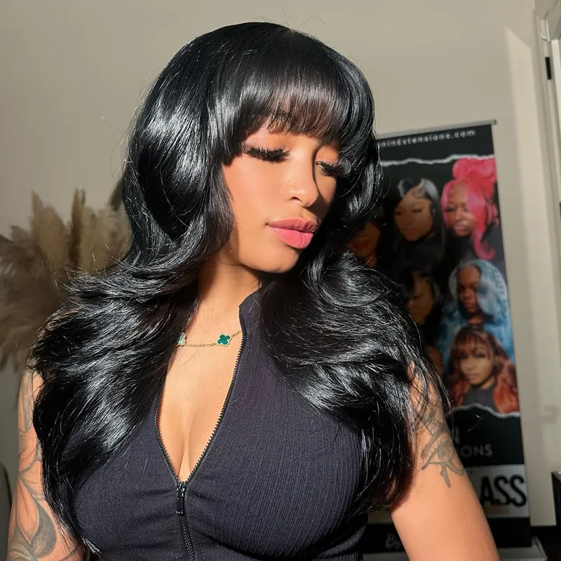Double Drawn Wear Go Glueless Heavy Layers Choppy Bang Jet Black Body Wave Human Hair Wig