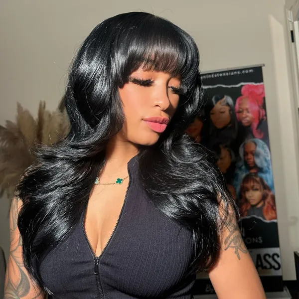 Double Drawn Wear Go Glueless Heavy Layers Choppy Bang Jet Black Body Wave Human Hair Wig