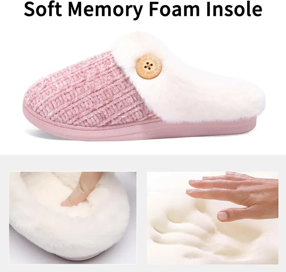 Warm Knit House Slippers for Women Comfy Wool-Like Lined Chenille Slippers with Memory Foam and Indoor Outdoor Soles