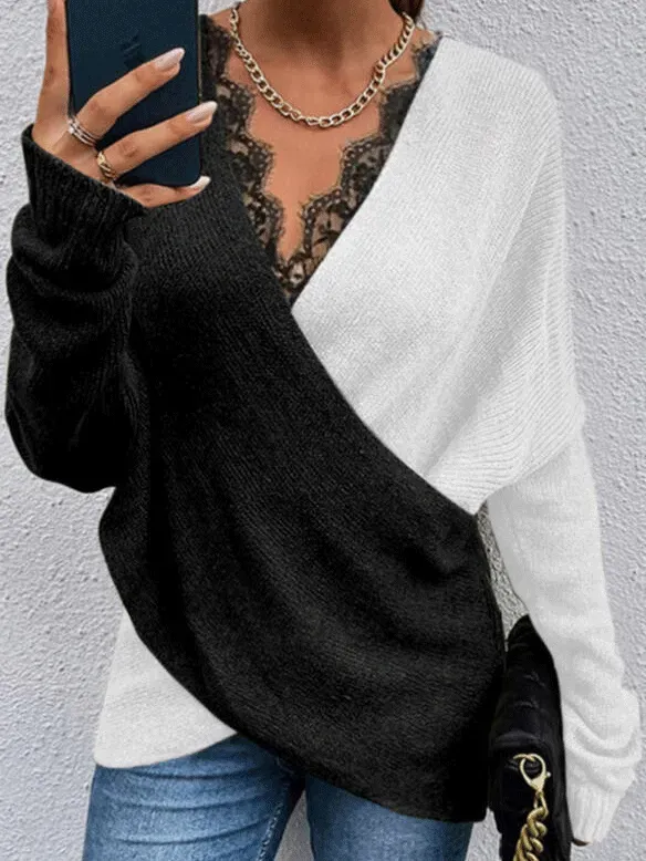 Women's Sweaters Two Color Lace V-Neck Long Sleeve Sweater