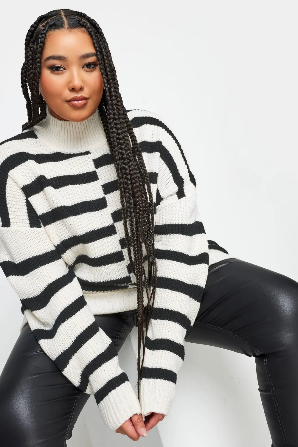 YOURS Curve White Contrast Stripe Turtle Neck Jumper