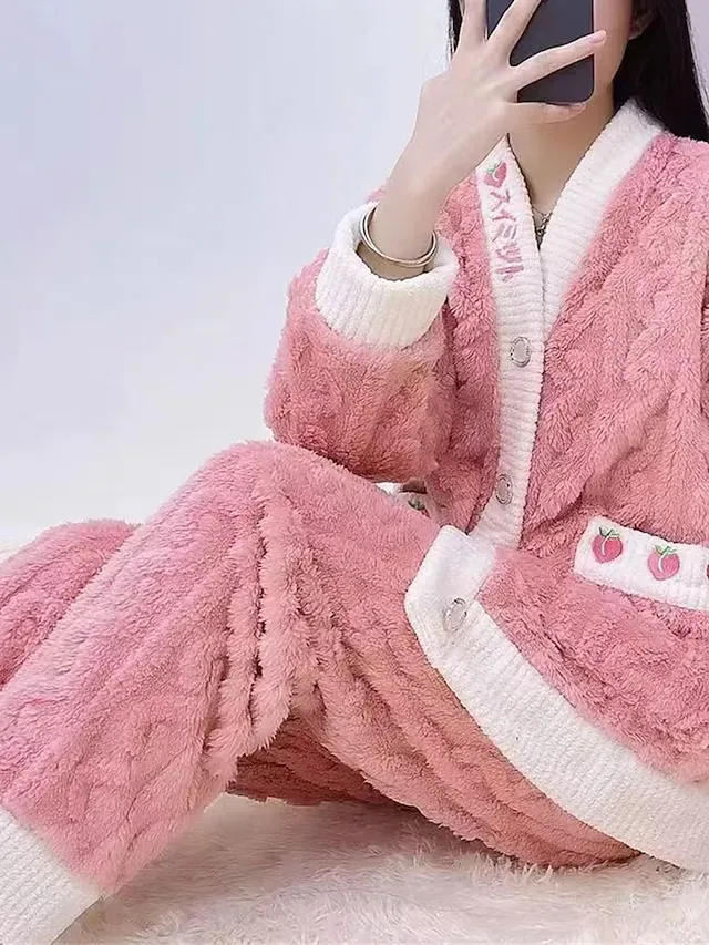 Women's Pajamas Sets Fruit Plush Casual Comfort Home Bed Flannel Warm Breathable V Wire Long Sleeve Shirt Pant Button Pocket Fall Winter Home Outfits