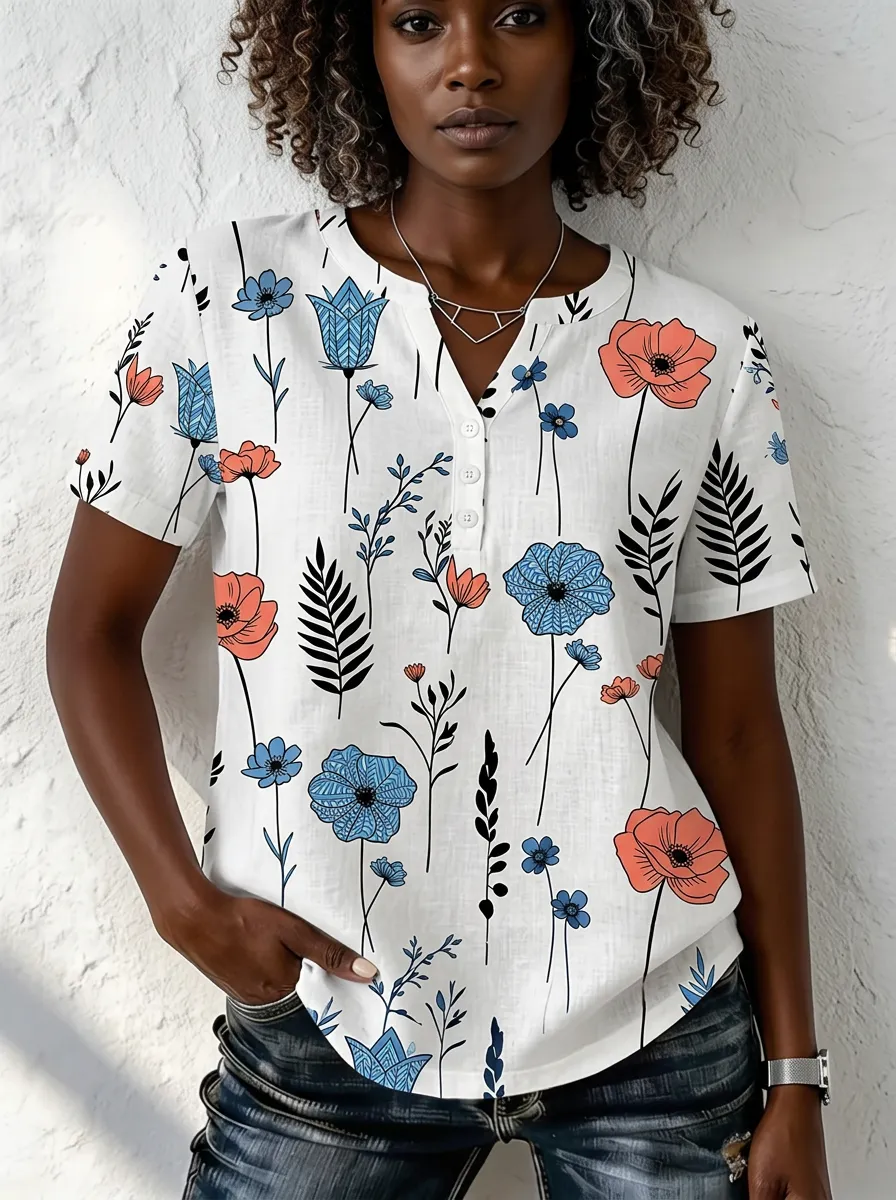 Women's Nashville Floral Botanical Printed Henley Shirt