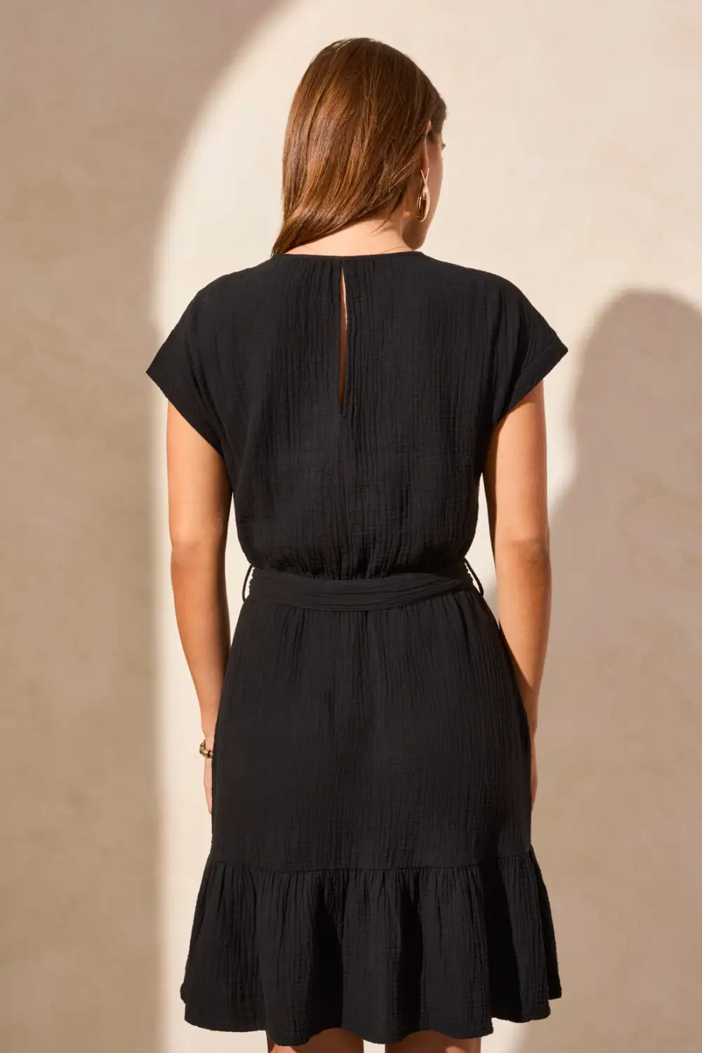 Cotton Gauze Cap Sleeve Dress With Waist Tie-Black