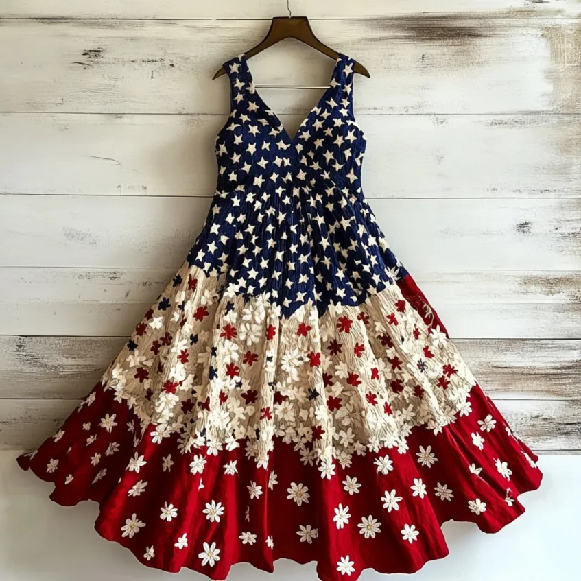 American Flag Color With Daisy Floral Inspired Floral Patchwork Linen Midi Dress