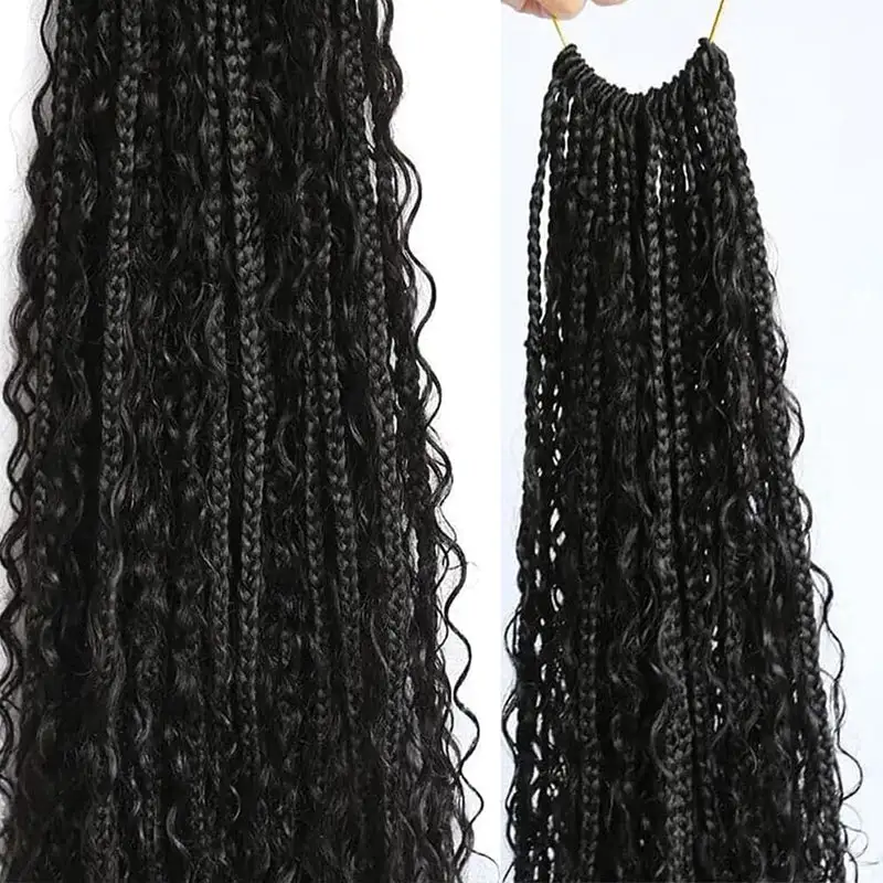 Pre-looped Crochet Human Hair Boho Box Braids Human Hair Curls Ends, Reusable Hair