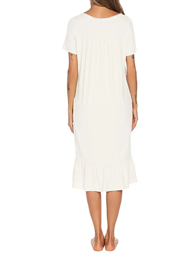 Women's Pajamas Nightgown Dress Pure Color Basic Simple Casual Home Daily Bed Cotton Breathable Square Neck Short Sleeve Dress Button Spring Summer White Pink