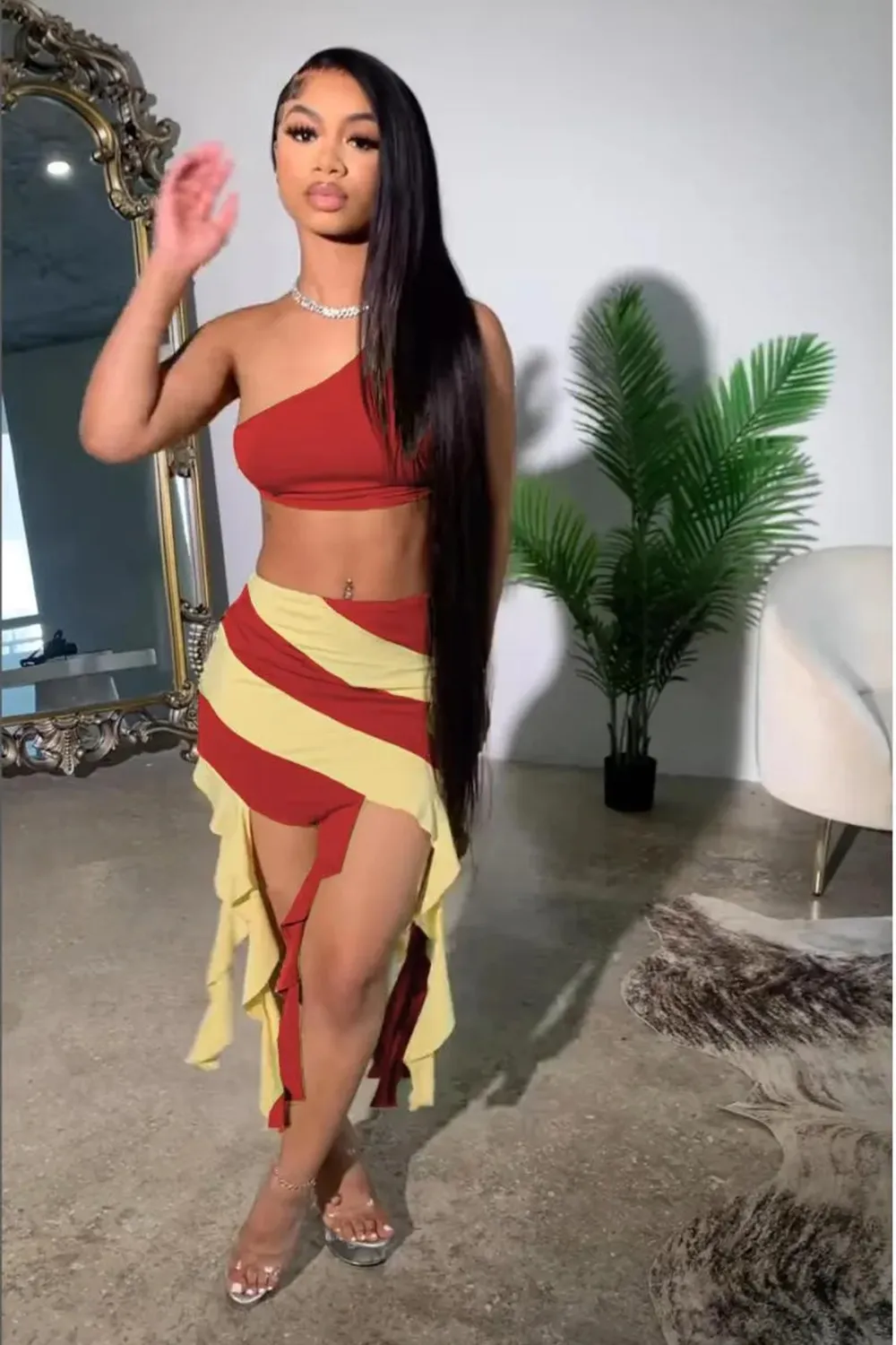 One-shoulder sexy tight-fitting tassel skirt suit