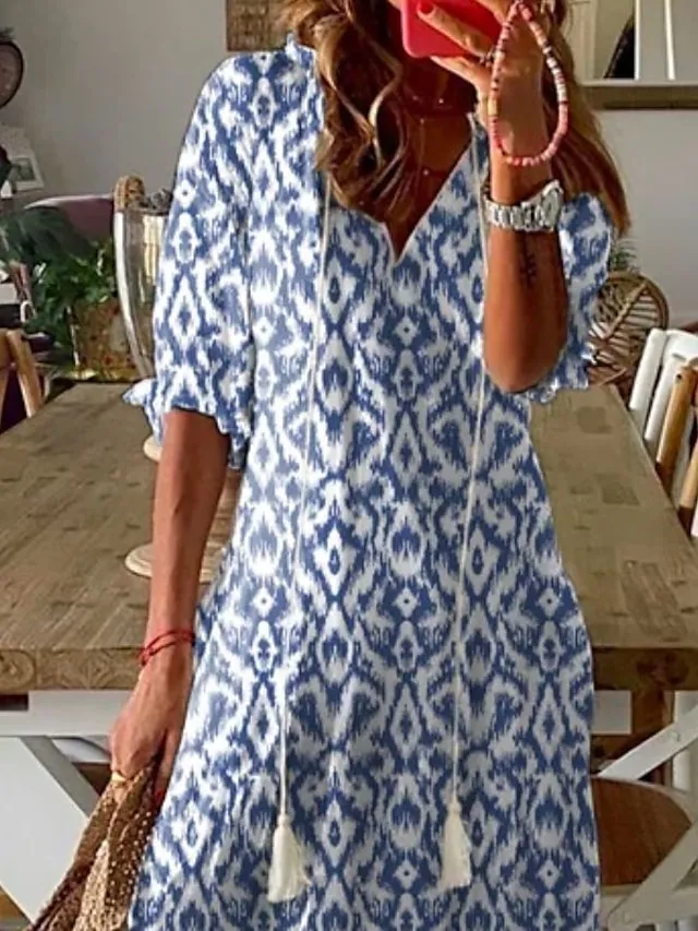 Women‘s A Line Dress Maxi long Dress Purple Half Sleeve Print Ruched Print Spring Summer V Neck Casual Vacation 2023 3XL