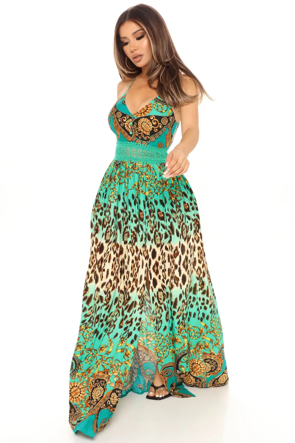 Holy Slit Sleeveless Maxi Dress - Green/combo