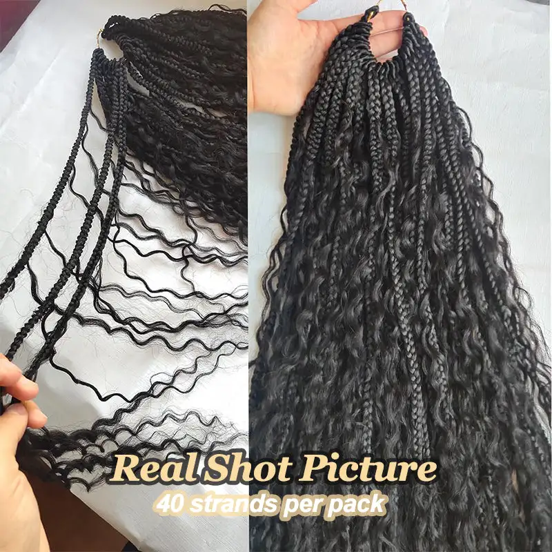 Pre-looped Crochet Human Hair Boho Box Braids Human Hair Curls Ends, Reusable Hair