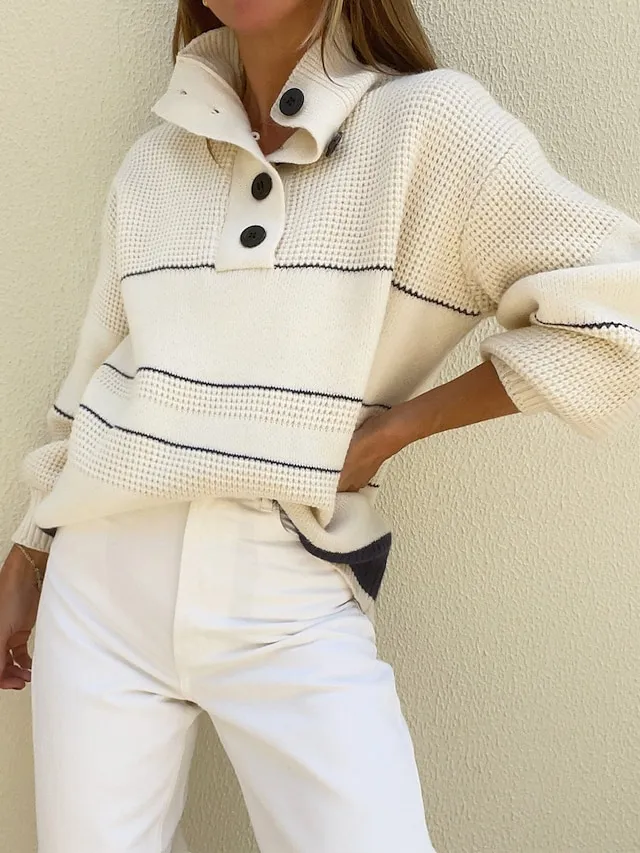 Women's Pullover Sweater Jumper Turtleneck Half Zip Crochet Knit Acrylic Button Summer Fall Outdoor Daily Going out Stylish Casual Soft Long Sleeve Solid Color Beige S M L