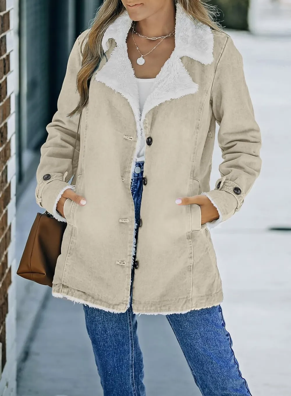 Womens Winter Warm Jean Jacket Stand Collar Wool Liner Sherpa Denim Coats Thicker Outerwear with Pockets