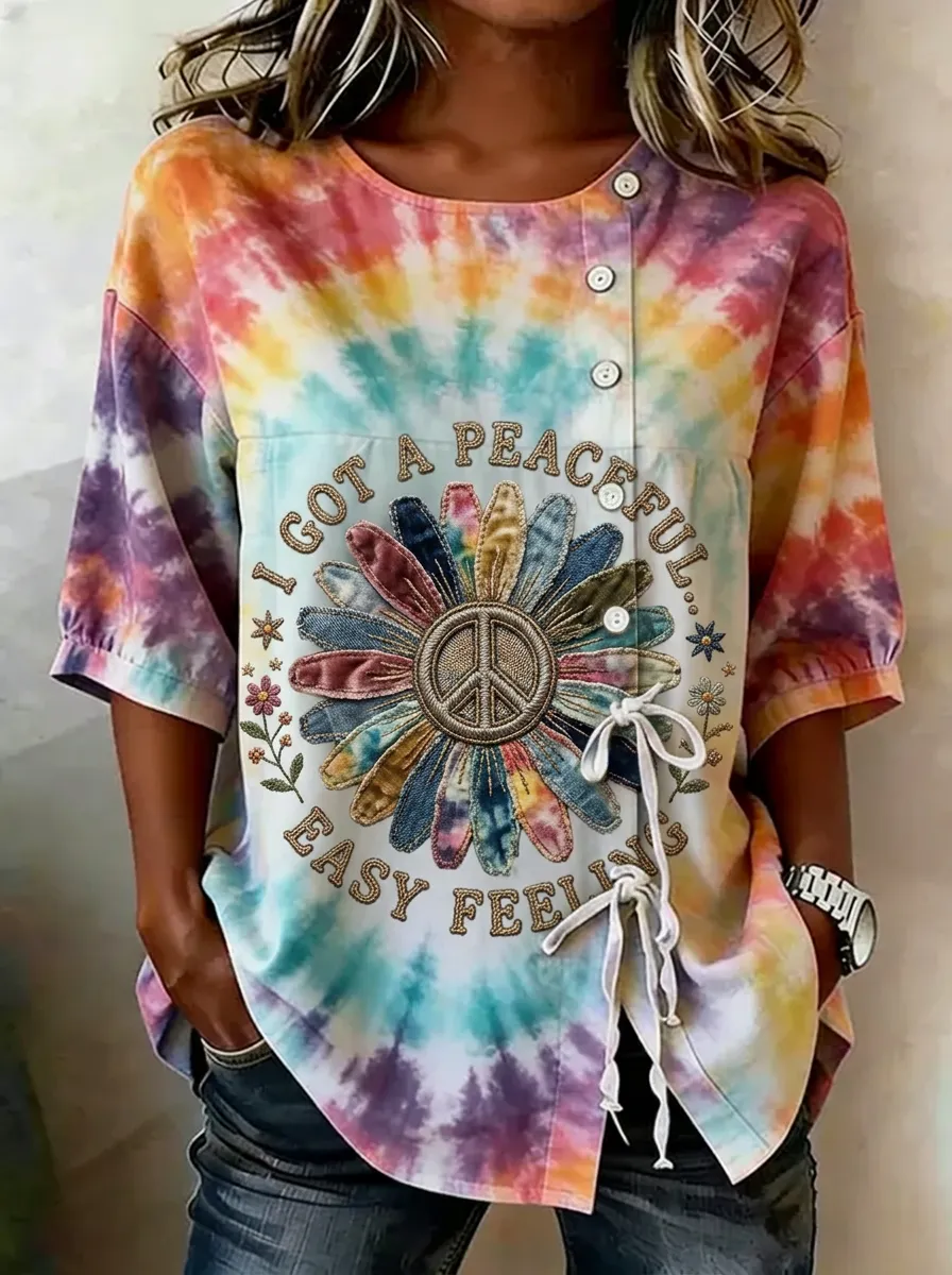 Women's Nashville Peace Daisy Tie-Dye Printed Button-Up Top