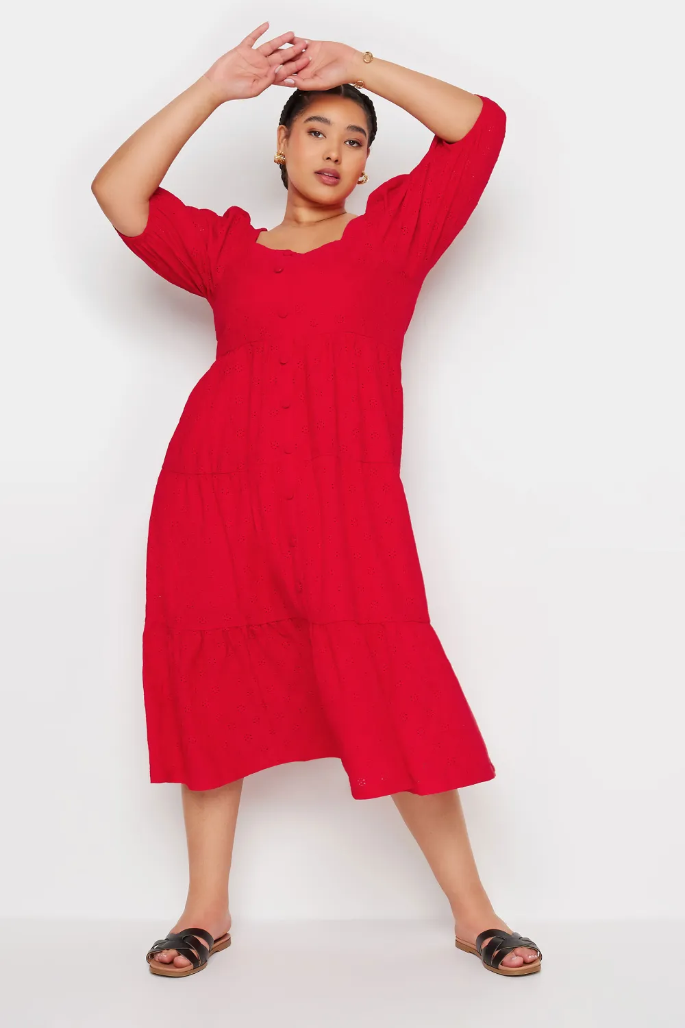 YOURS Curve Red Broderie Anglaise Button Front Dress
