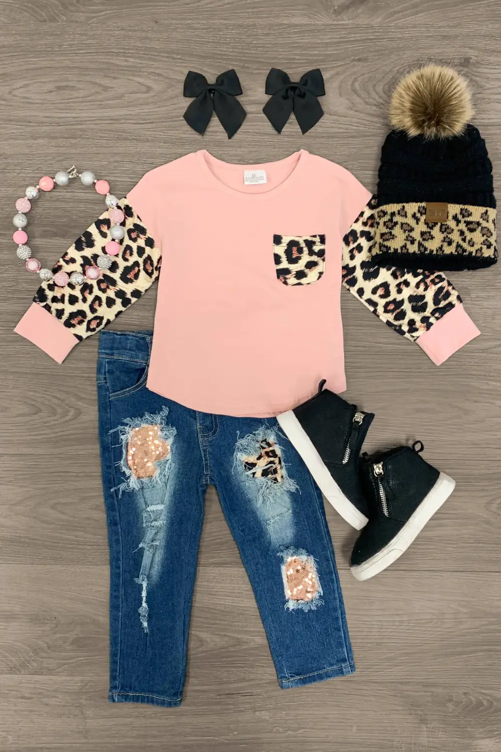 Pink Cheetah Pocket Distressed Denim Set