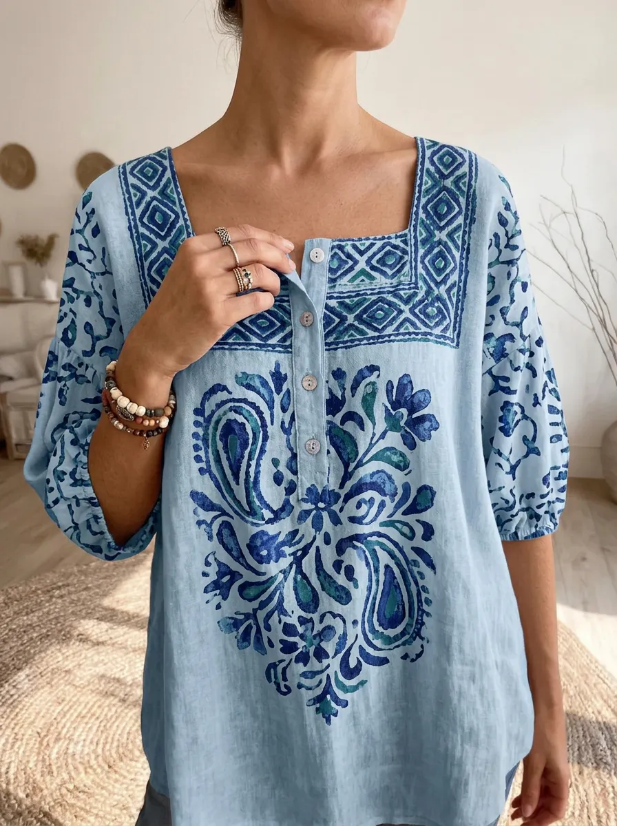 Women's Nashville Paisley Geometric Printed Button-Up Top