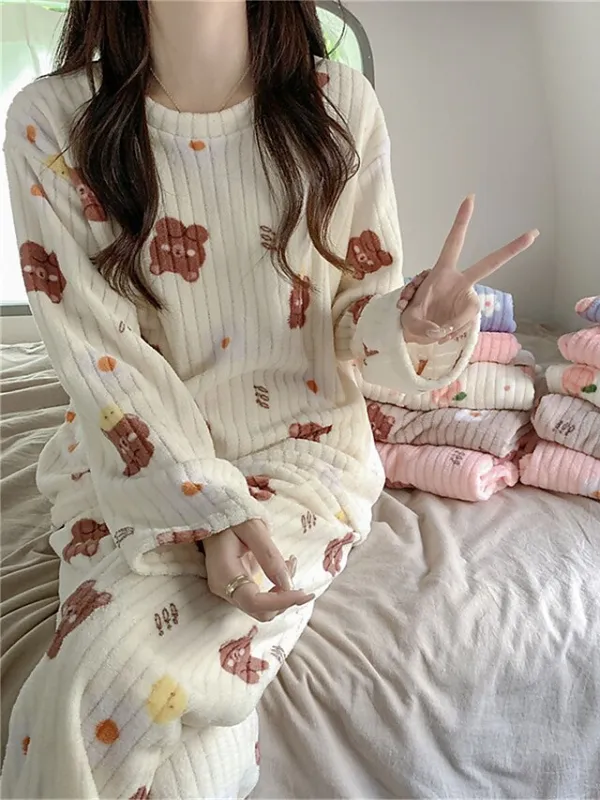 Women‘s Fleece Pajamas Sets Fluffy Fuzzy Warm Pajama Fruit Bear Plush Casual Comfort Home Daily Bed Coral Fleece Coral Velvet Warm Crew Neck Long Sleeve Pant Fall Winter Black bow Peach Pink