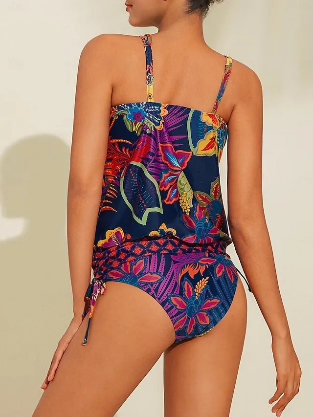 Printed Drawstring Tankini Swimsuit