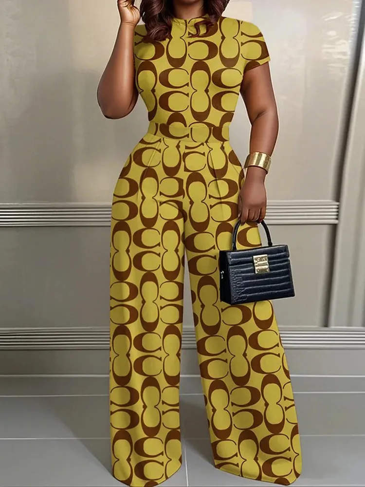 Simple Letter Print 2Pcs Set Wide Leg Jumpsuit