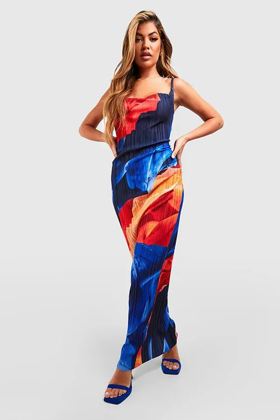 Cowl Neck Abstract Plisse Maxi Dress-BLUE