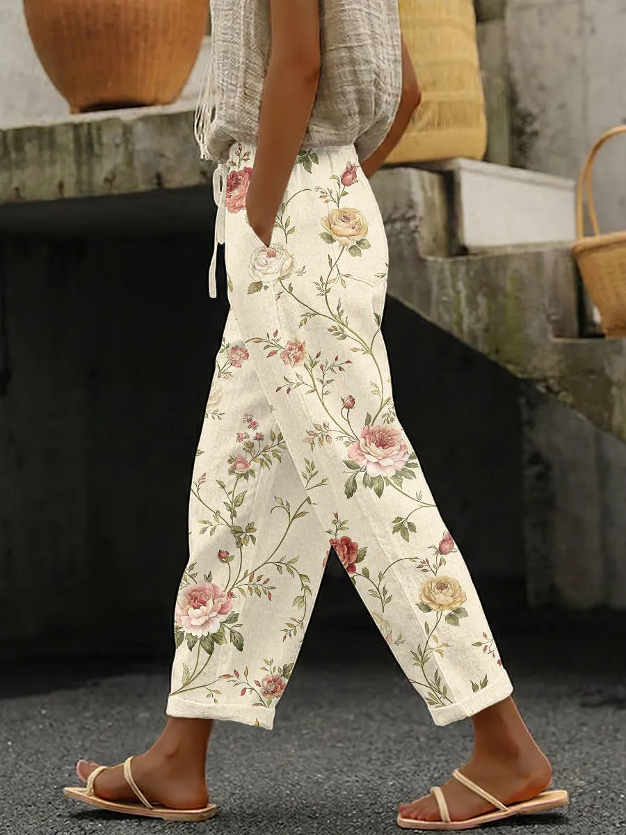 Women's Plant Printed Cotton And Linen Pants