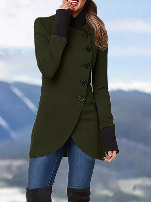 Solid Single Breasted Panel Hem Slit Coat