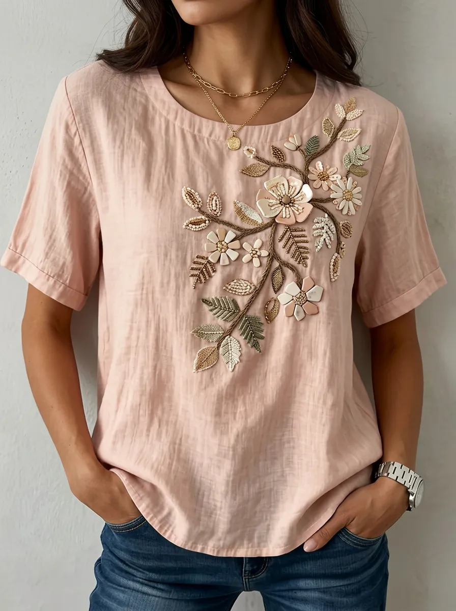 Women's Nashville Floral Beaded Embroidered Linen T-shirt