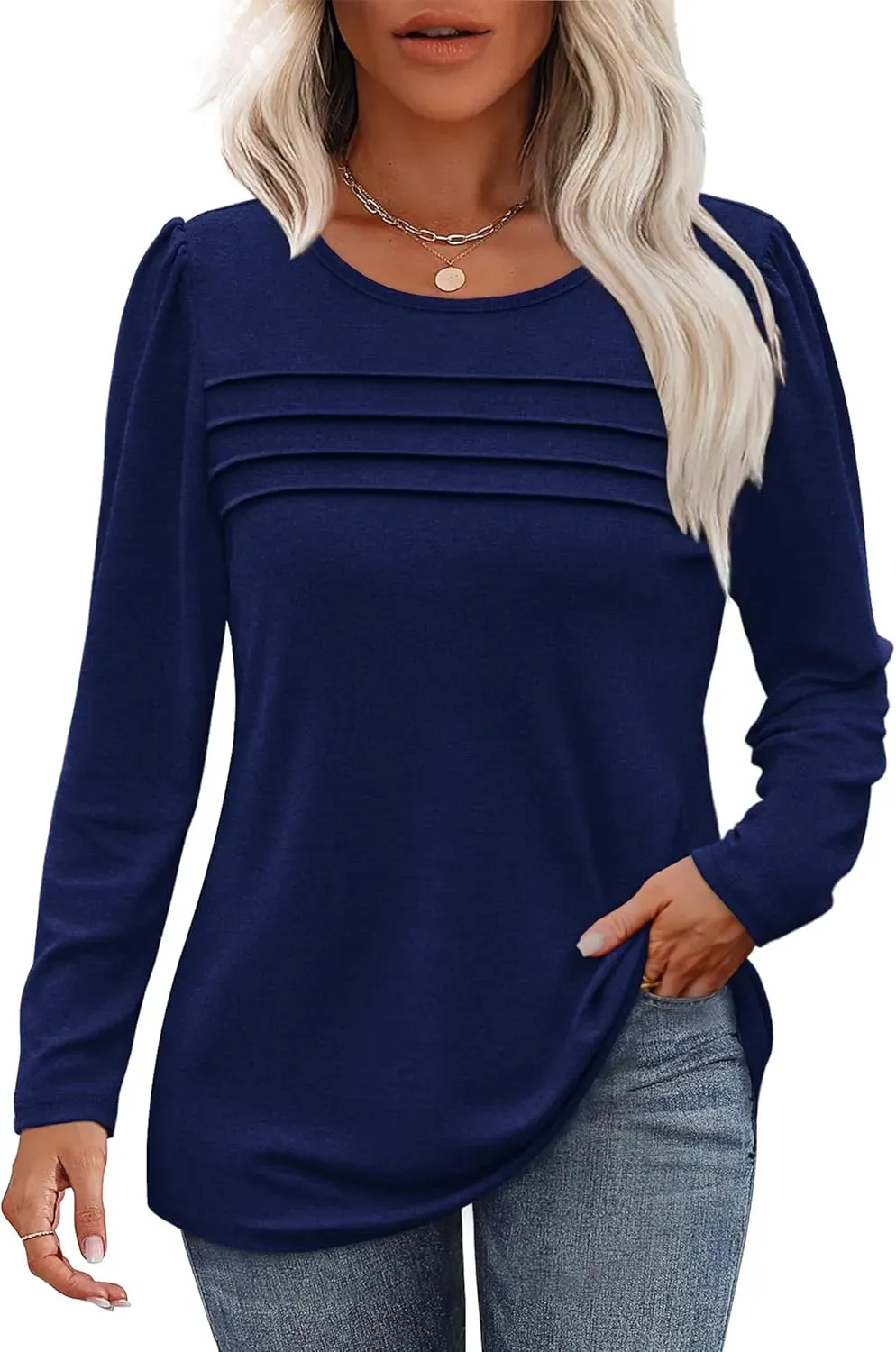 OFEEFAN Long Sleeve Shirts for Women Fall Fashion 2024 Dressy Casual Blouses Trendy Pleated Tunic Tops for Leggings
