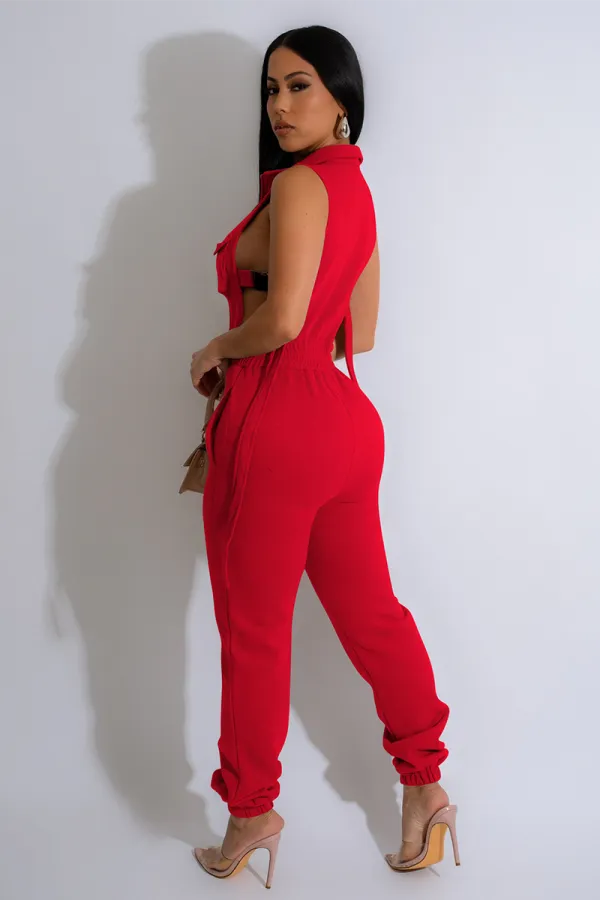 Sleeveless Side Buckle High Waist Solid Color Pocket Jumpsuit-Red