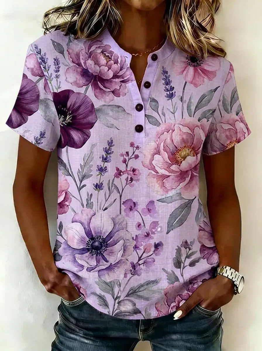Women's Nashville Floral Lavender Printed Henley Shirt