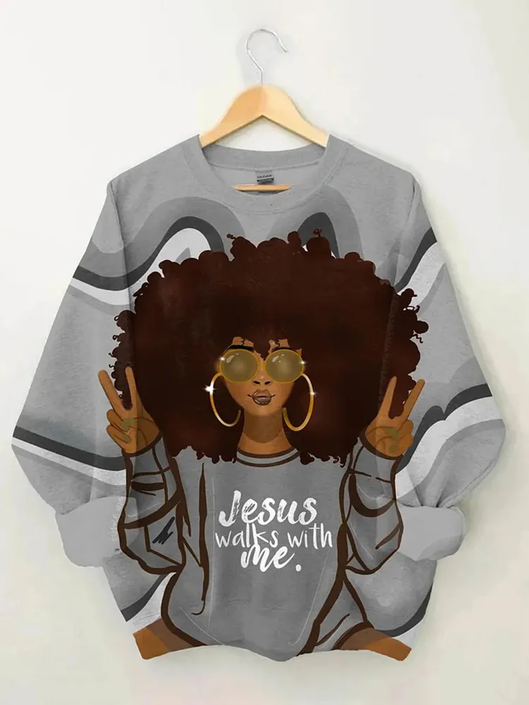 Afro Girl Jesus Walks With Me Long Sleeve Sweatshirt