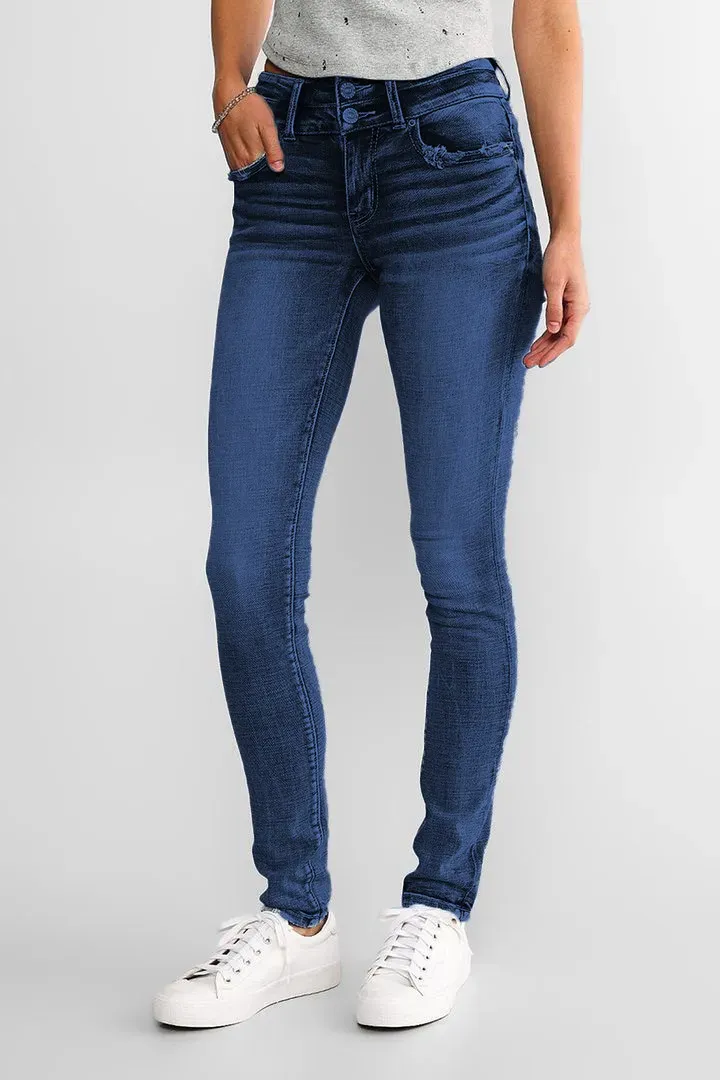 Mid Waist Double Button Skinny Jeans