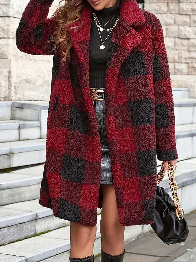 Women's Fleece Jacket Sherpa Jacket Teddy Coat Windproof Warm Long Coat Plaid Winter Coat with Pocket Open Front Heated Coat Outerwear Long Sleeve Fall Winter Wine Khaki S