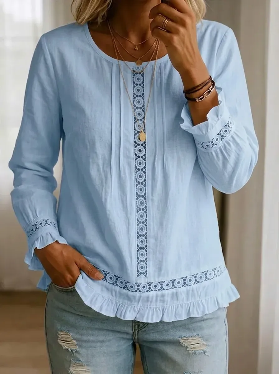 Women's Nashville Country Style Lace Trimmed Printed Long Sleeve Top