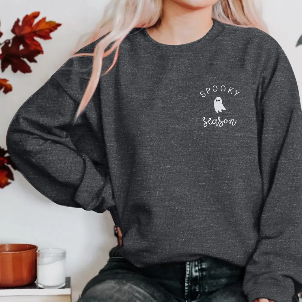 LOTUCY Halloween Sweatshirt Women Cute Spooky Season Sweatshirts Ghost Fall Embroidered Sweater Pullover Top