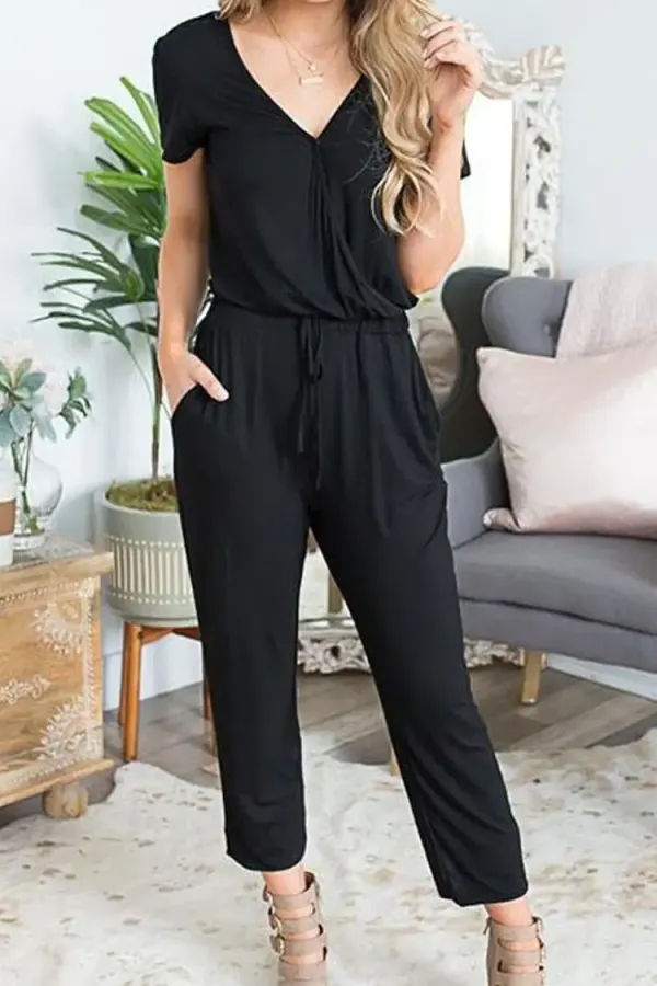 Deep V Neck Wrap Drawstring Waist Jumpsuit