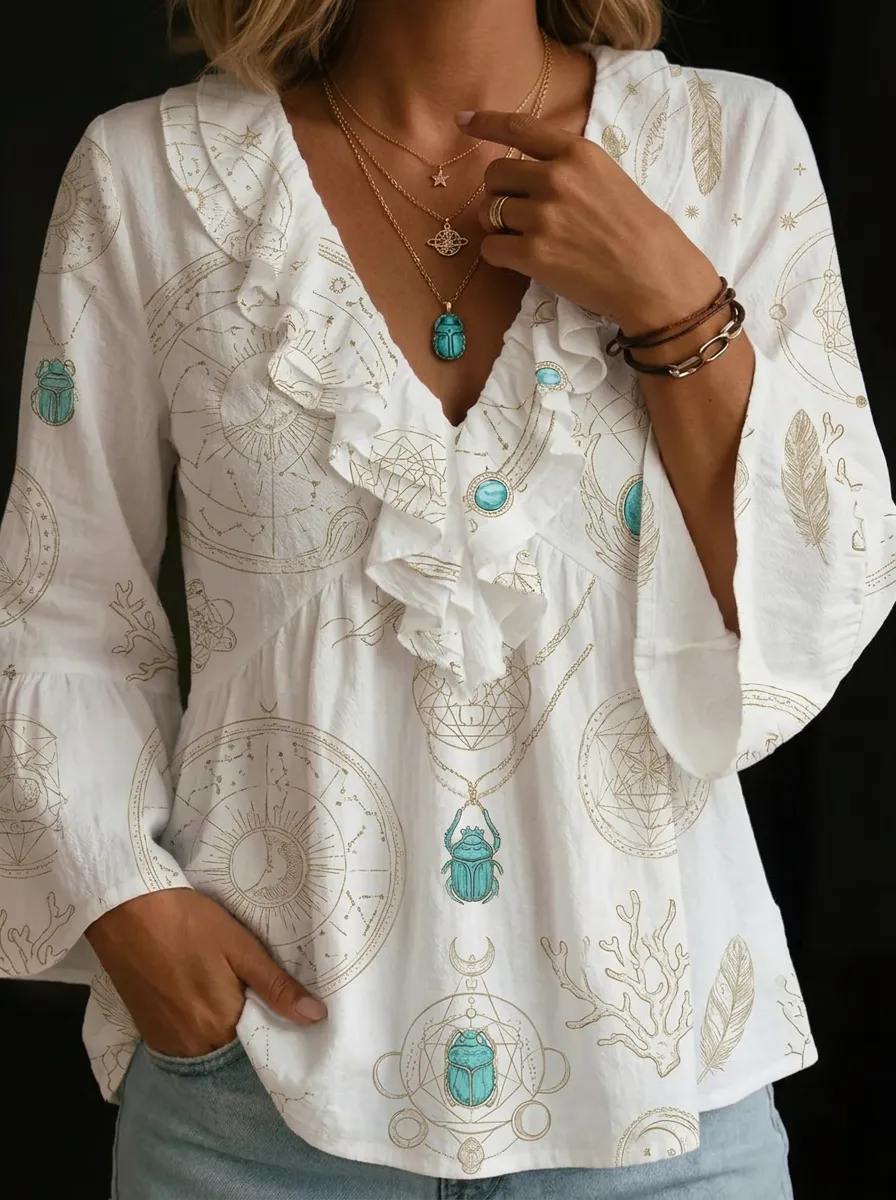 Women's Nashville Boho Scarab Celestial Printed Ruffle Top