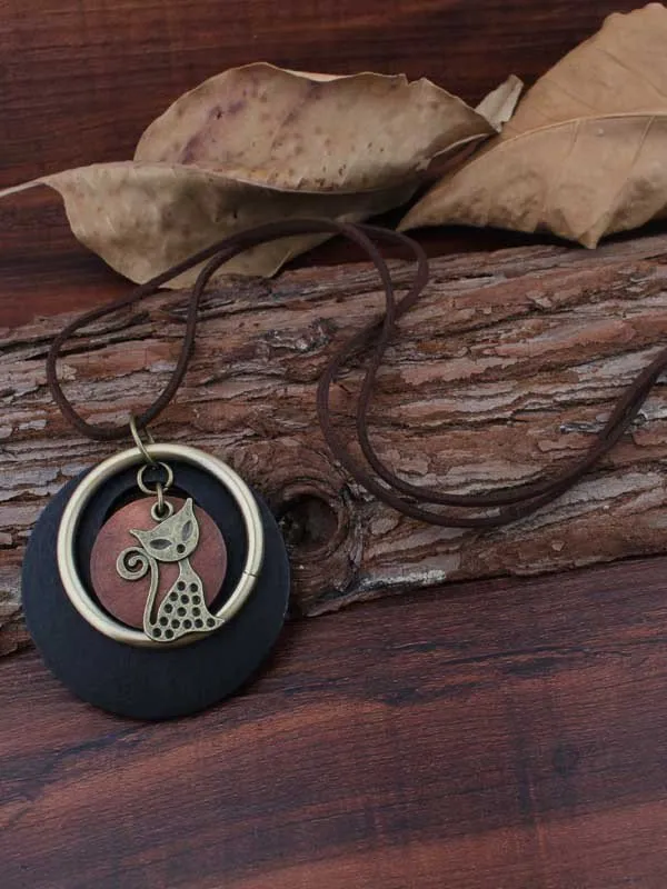 Vintage Wooden Cat Pattern Geometric Pendant Necklace Women Boho Sweater Chain