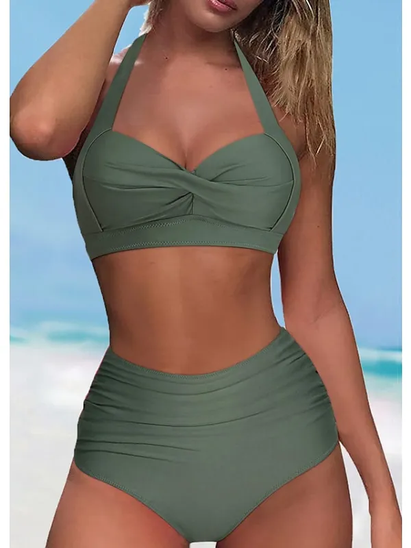 Women's Swimwear Bikini Normal Swimsuit Halter 2 Piece High Waisted Plain Black Green Rose Red Bathing Suits Sports Beach Wear Push Up