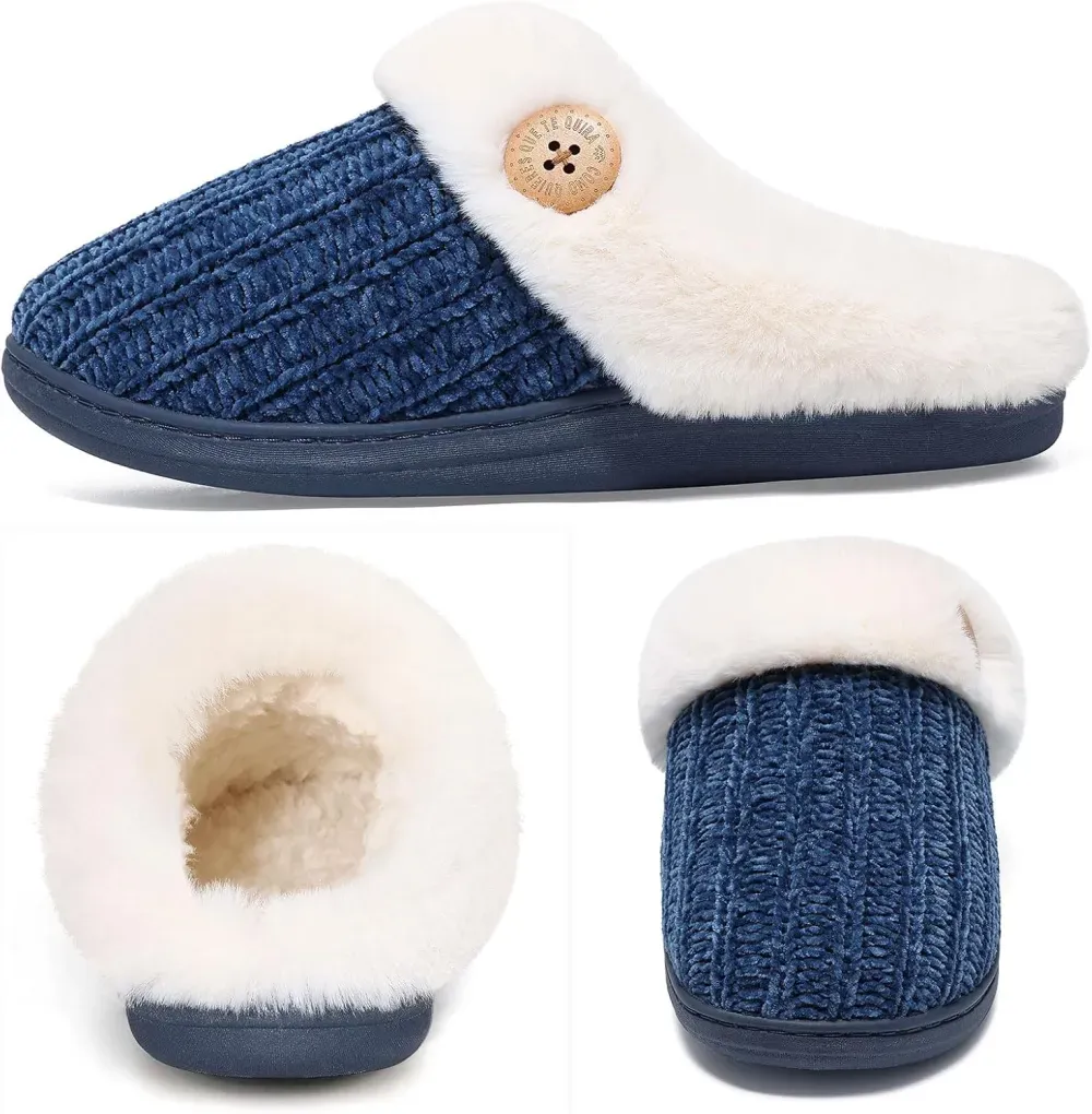 Warm Knit House Slippers for Women Comfy Wool-Like Lined Chenille Slippers with Memory Foam and Indoor Outdoor Soles