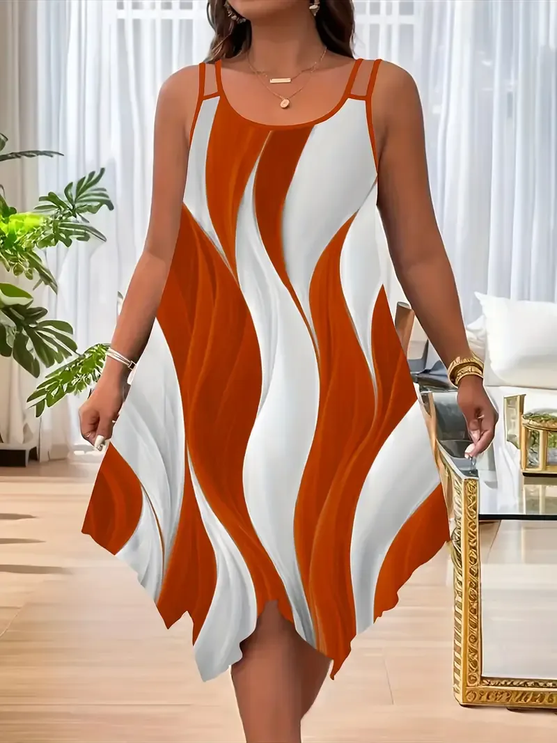 Women's Summer Casual Asymmetrical Hem Dress, Polyester 95% Spandex 5% Knit Fabric, Crew Neck Slingback with Random Print Design