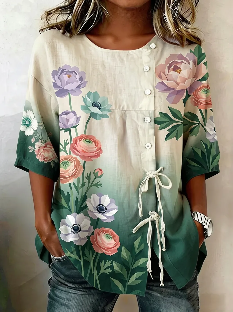 Women's Nashville Floral Botanical Printed Button-up Top