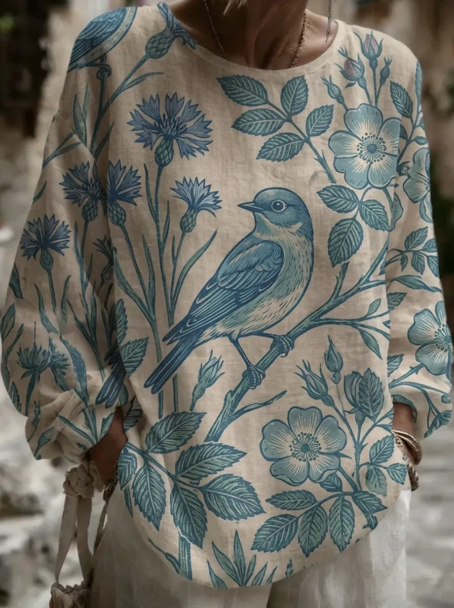 Women's Nashville Nature Lover Blue Bird Floral Printed Top