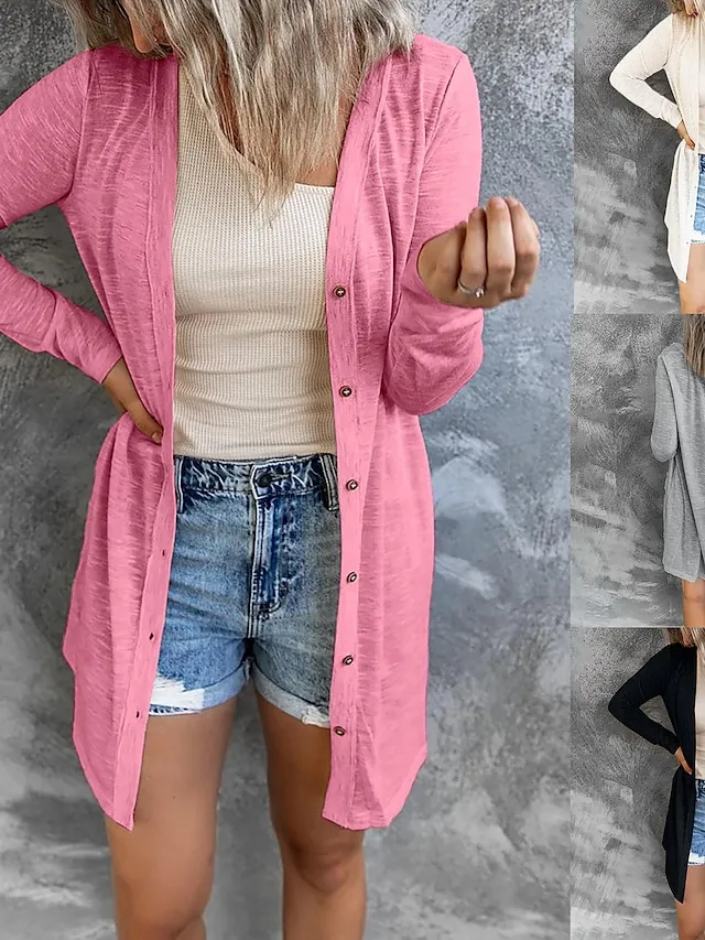 Women's Cardigan Sweater Cowl Ribbed Knit Polyester Button Summer Spring Outdoor Home Halloween Casual Soft Long Sleeve Solid Color Black White Light Green S M L