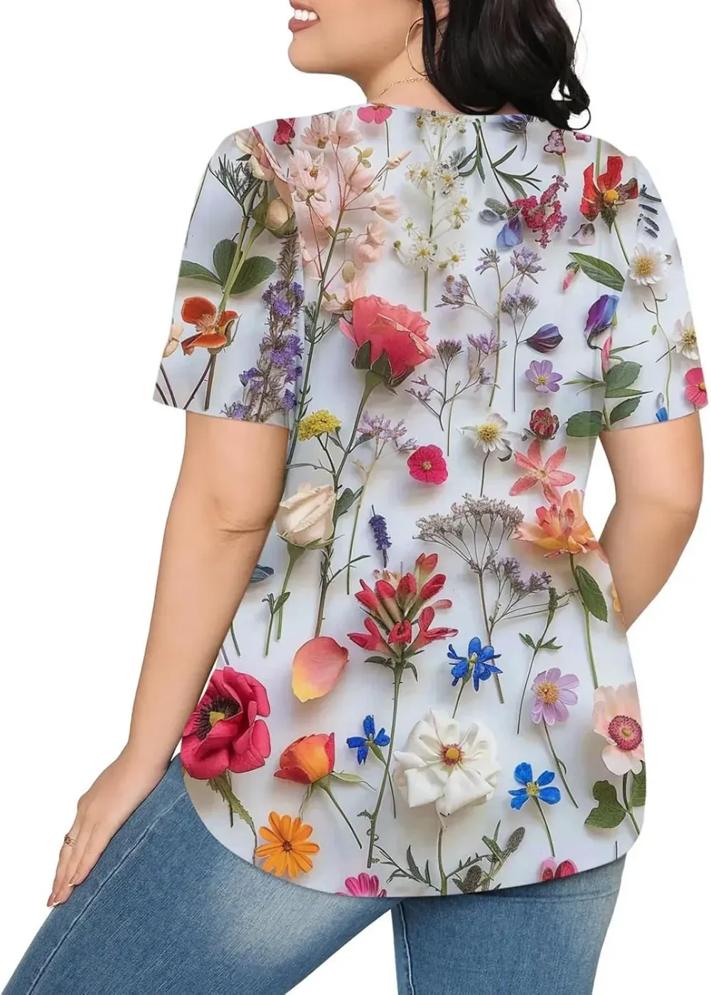 Womens Summer Pleated Front Shirts Tunics Casual Short Sleeved Loose Round Neck Boho Printed Tops Vacation Blouse