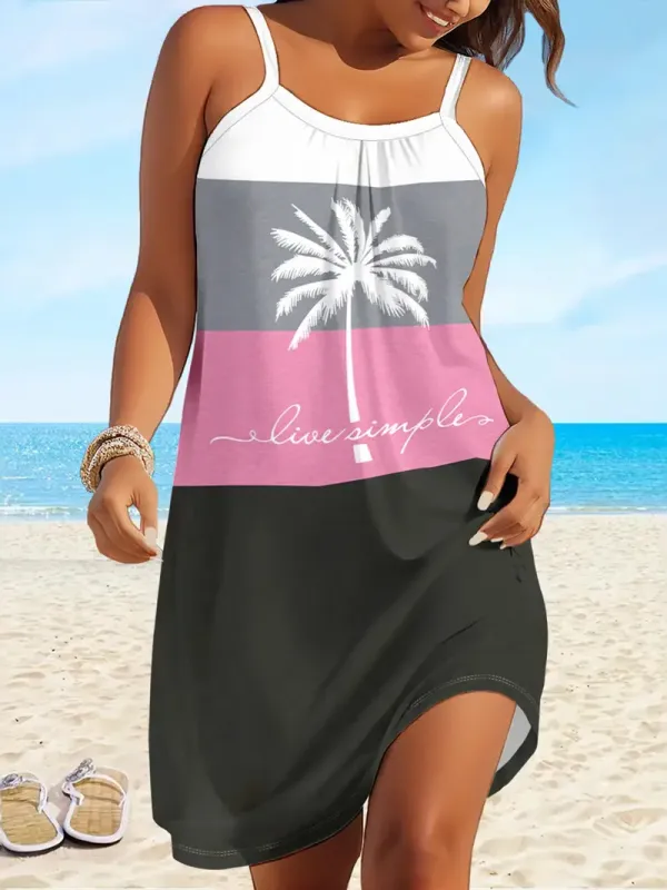 Print Sleeveless Beach Dress for Women - Coconut Tree Print, Stretchy Polyester Blend, Knee-Length with Shoulder Cut-Outs, Beach Dresses for Vacation